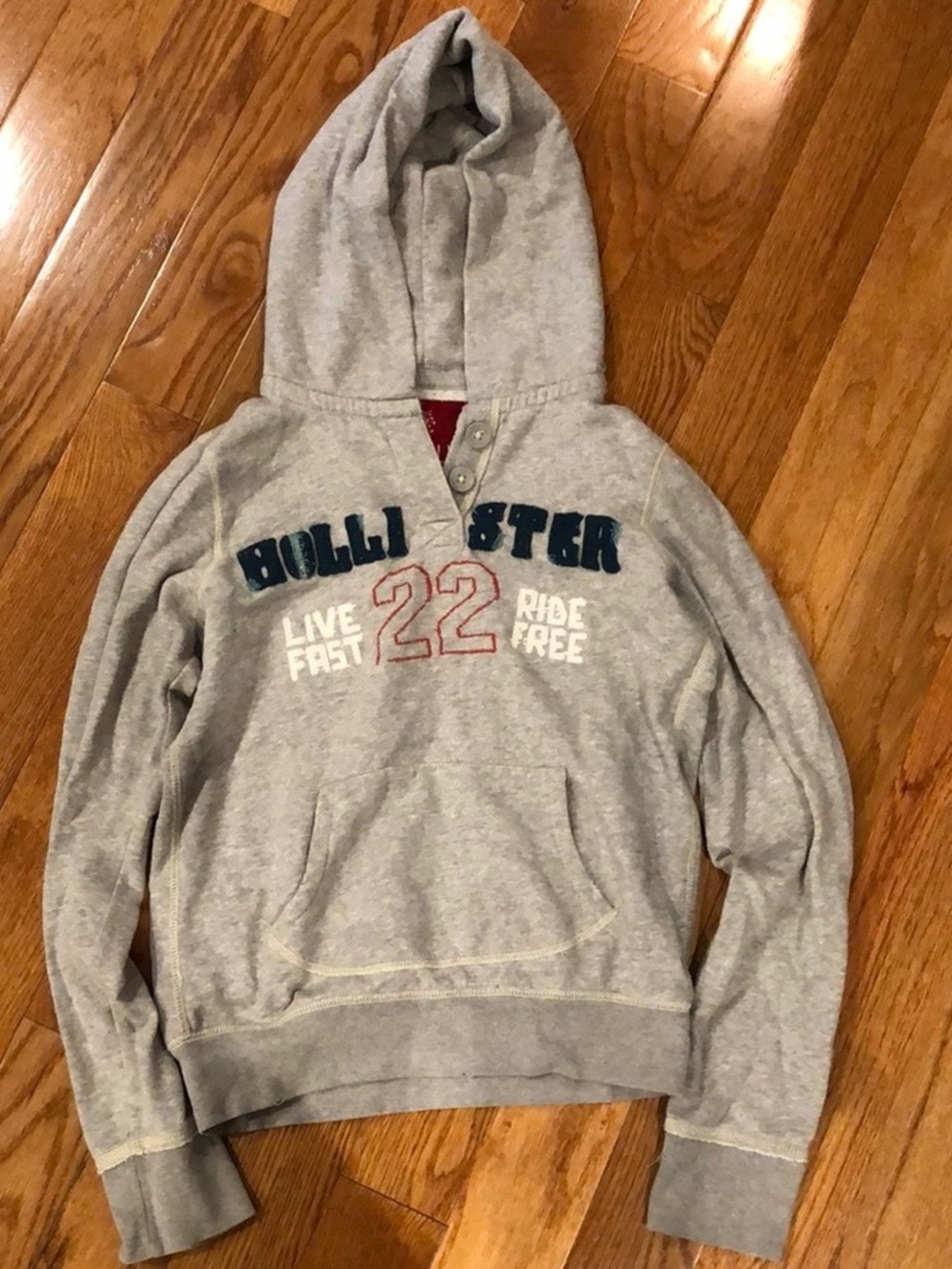 Hollister Light Gray Hooded Sweatshirt with Navy & Red Accents